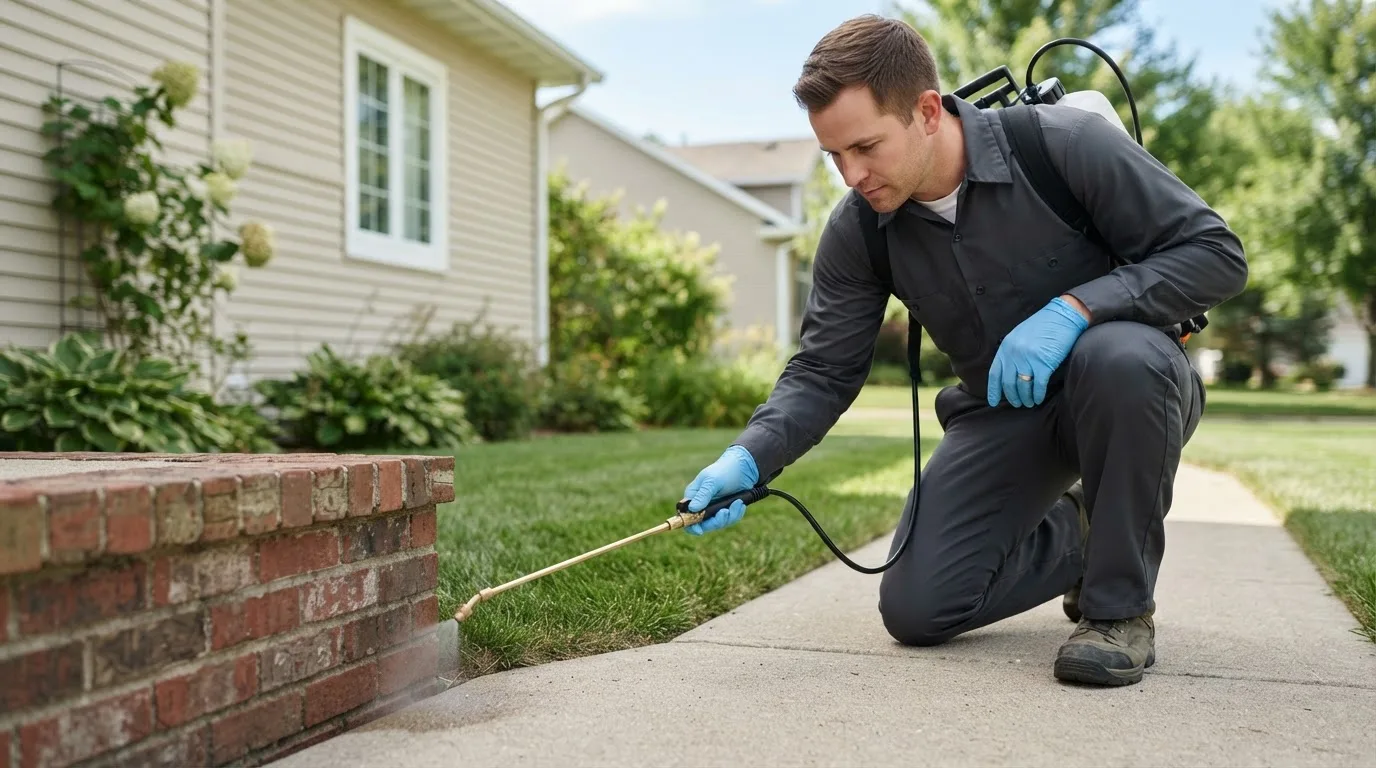 Pest control technician treating a home near East Templeton, MA