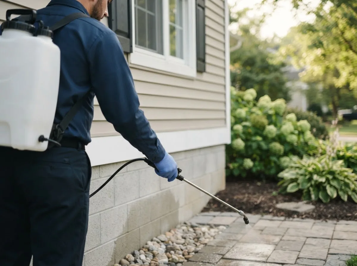 Pest control technician inspecting a home in East Templeton, MA